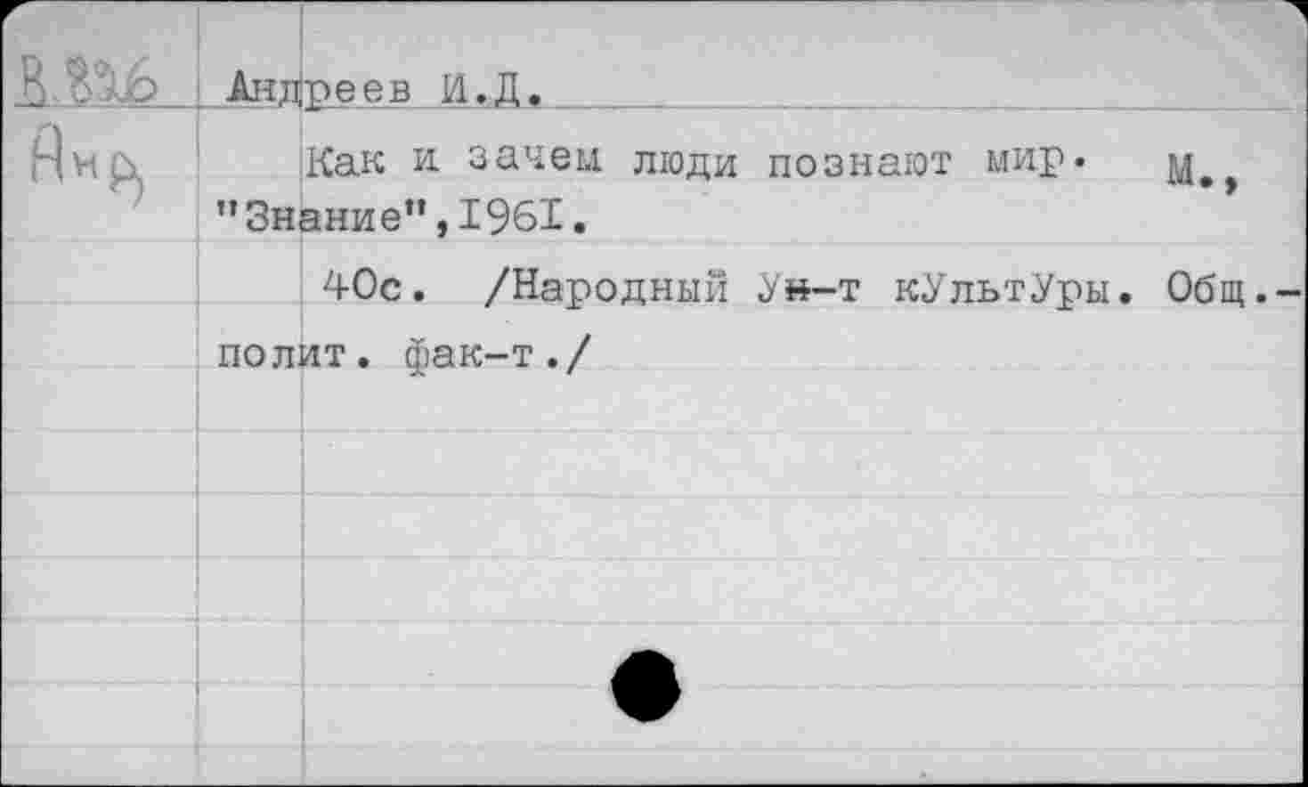 ﻿I Андре ев И.Д.
Как и. зачем люди познают мир. ’’Знание”, 1961.
40с. /Народный Ун-т кУльтУры. Общ.-полит. фак-т./